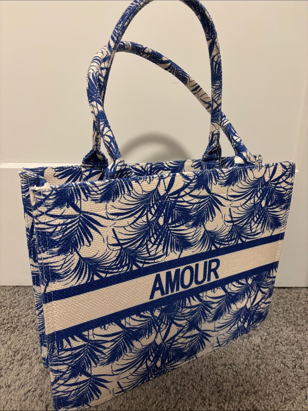 Amour Blue & Cream Canvas Tote Bag